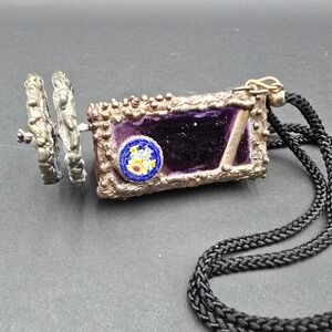 Handmade Stained Glass Kaleidoscope Necklace Purple Iridescent Micro Mosaic Art